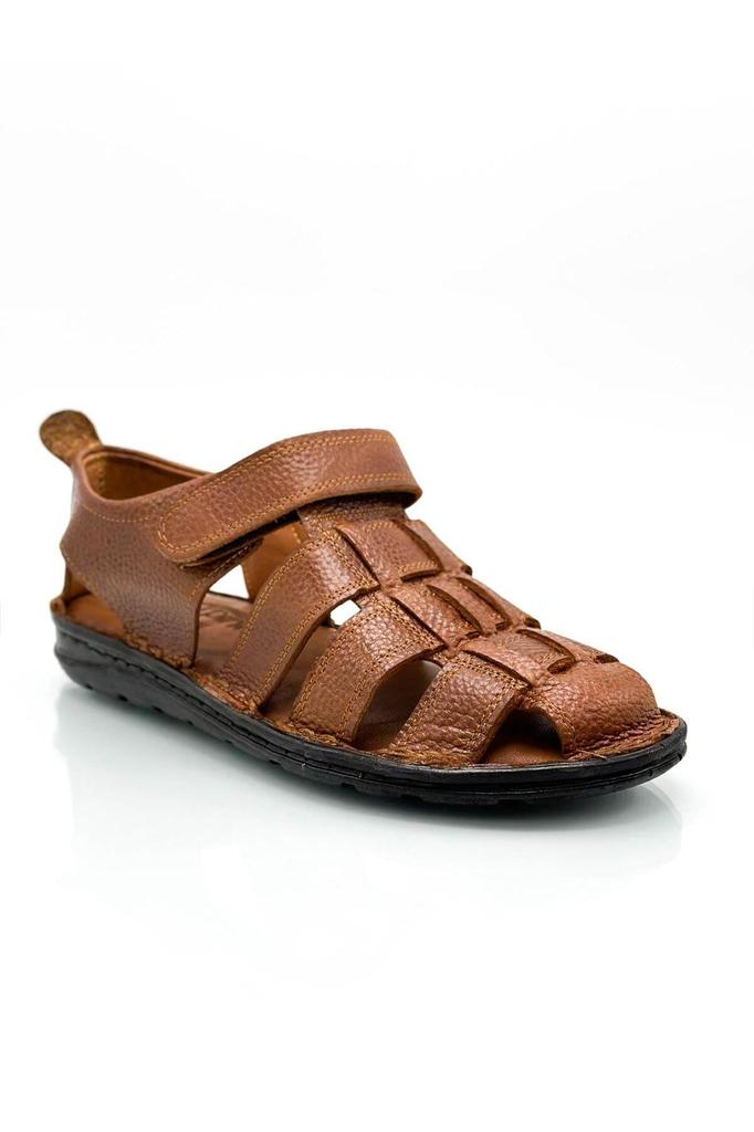 100% Genuine Leather Closed Toe Men's Sandals Shiny Tan