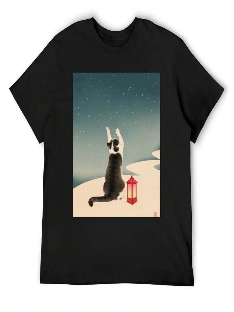 Katze Fängt Schnee T-Shirt Anime Kleidung Lustige Geschenke Koreanische Mode Unisex Kleidung