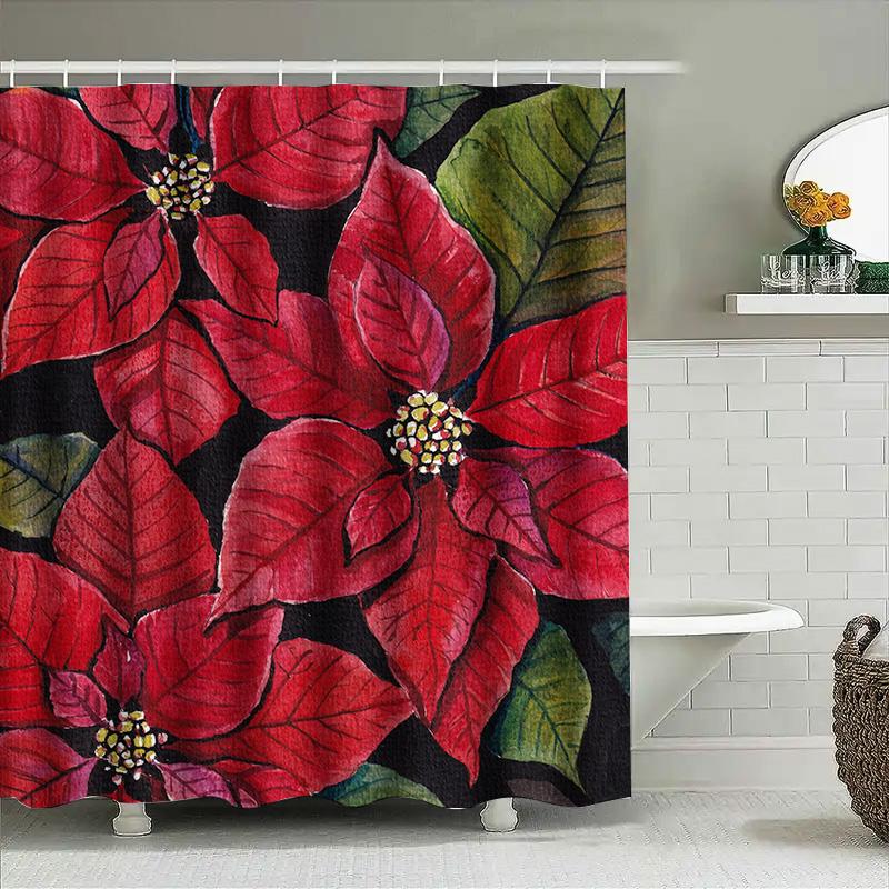 Red Poinsettia Shower Curtain Christmas Decoration Waterproof Bath Mat Home Decor Bathroom Liner 72X84In
