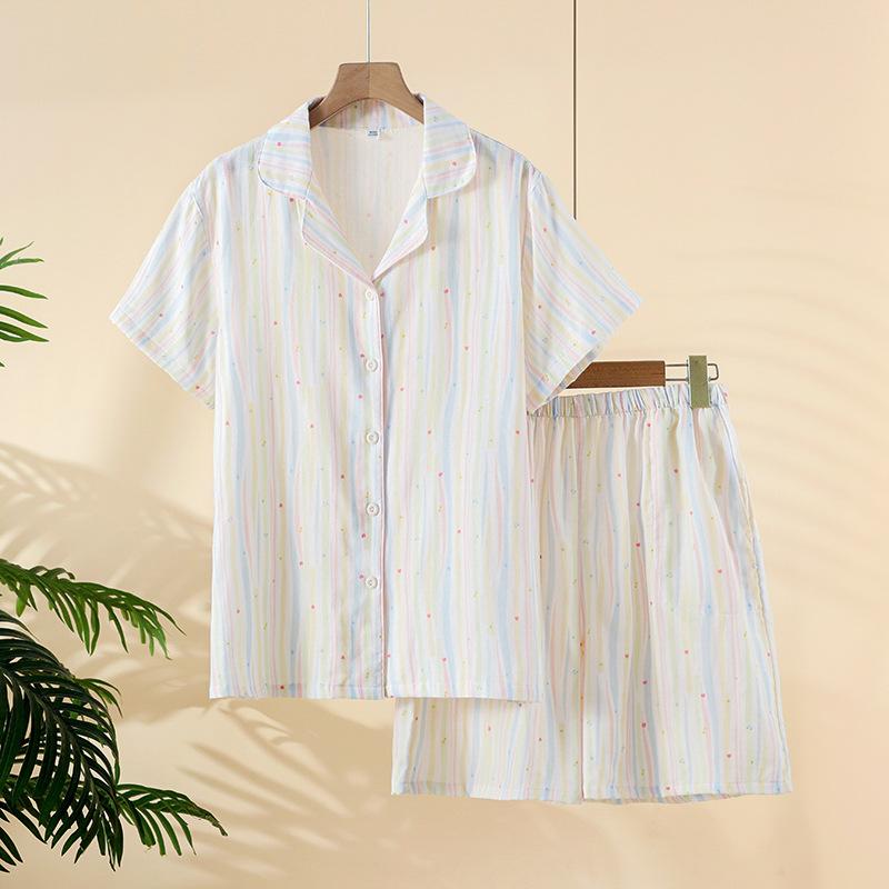 2026 Summer New Women's Pajama Set 100% Cotton Gauze Short Sleeve Shorts Two Piece Set Thin Cardigan Home Clothes Sleepwear