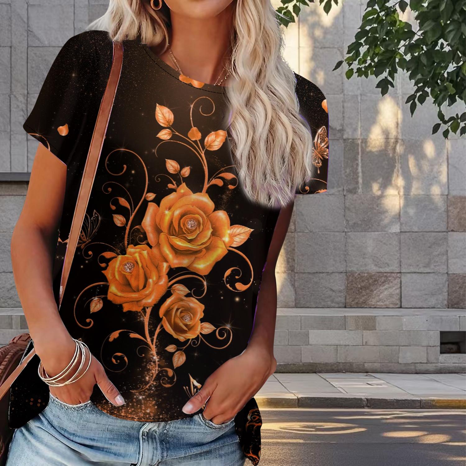 

Женская летняя футболка с принтом розы в стиле ретро, футболки с коротким рукавом, повседневные топы с принтом 8XL жёлтый