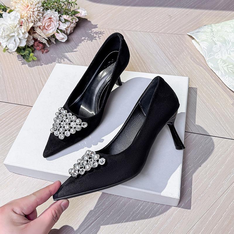 Pointed Pearl Rhinestone High Heels Women's Stiletto 7cm with Skirt Sexy 2025 New French Shallow Mouth Single Shoes