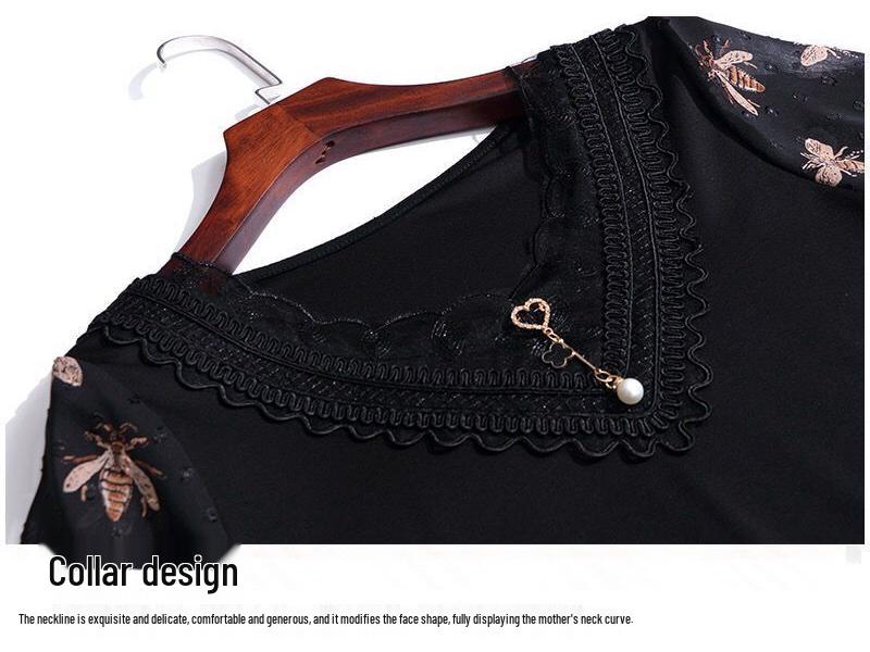 2023 Summer V-Neck Lace Chiffon Blouse for Women - Fashionable Short Sleeve Top for Middle-Aged Moms