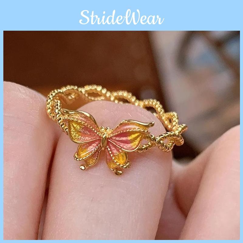 Elegant Vintage Gold Butterfly Ring For Women Featuring Unique Twisted Enamel And Open Design