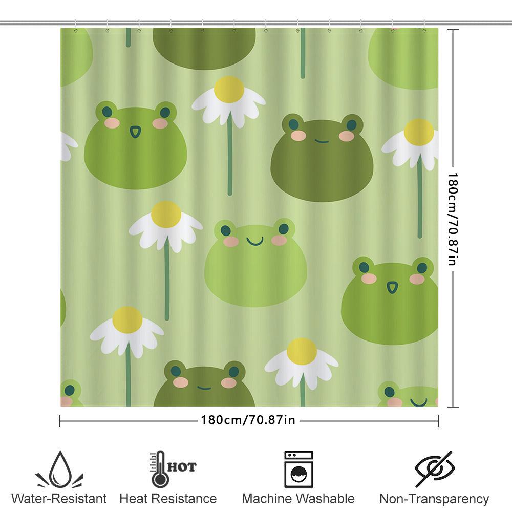 Adorable Frog Daisy Pattern Shower Curtain Green Floral Decor For Bathroom Waterproof Fabric Perfect Gift Idea For Kids Adults A