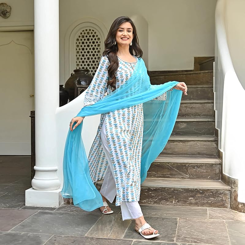 GoSriKi Women s Cotton Blend Straight Printed Kurta with Pant & Dupatta (April-Sky Blue-GS_S_Sky Blue_Small) S синий
