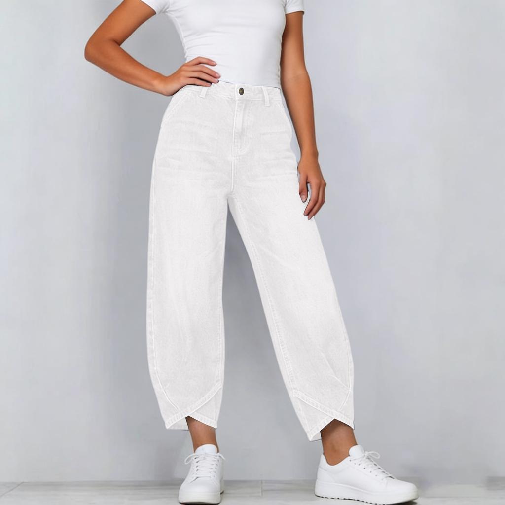 Women’s High Waist Wide Leg Cropped Pants Relaxed Fit Denim Casual Trousers with Hem Design