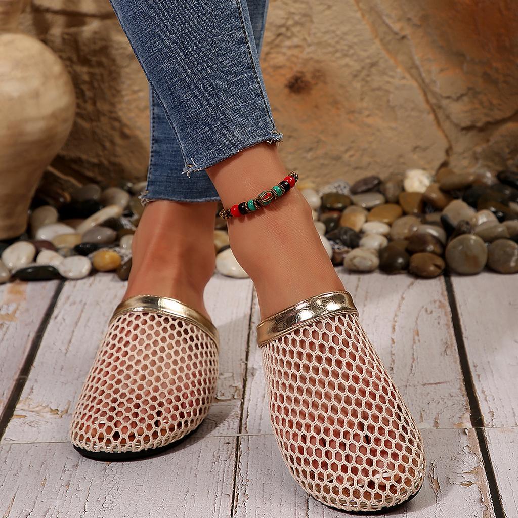Fashion Women Slippers 2025 Summer New Home Round Head Sandals Hot Water Mesh Women Shoes Diamond Flats Home Slippers Slides Women