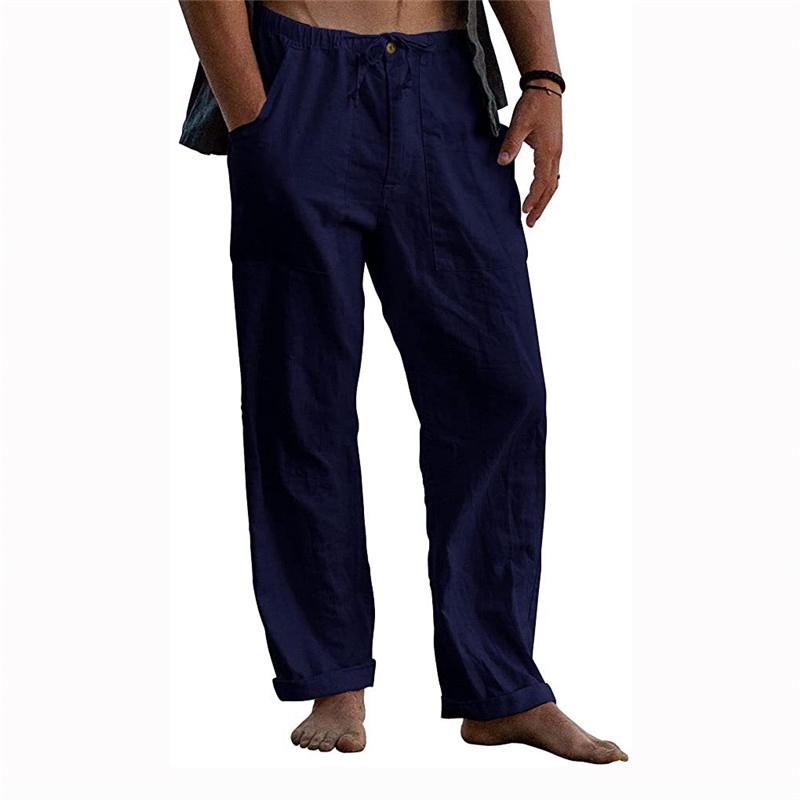 Men's Yoga Drawstring Elasticated Trousers Breathable Comfortable Loose Cotton Linen Pants Summer Beach