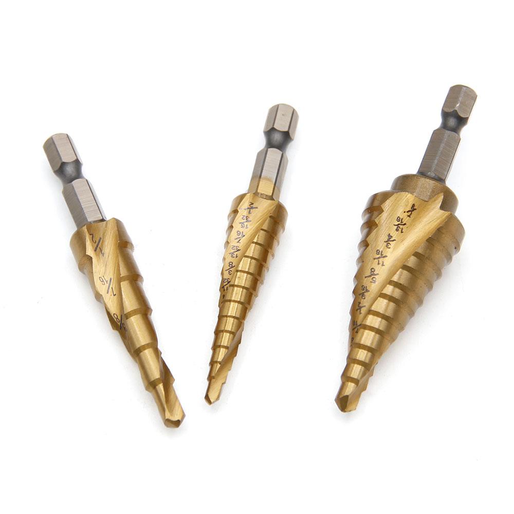 Sechskantschaft Spiralnut titannitriert Stufenbohrer Britisches System klein 3tlg Pagodenbohrer Lochset