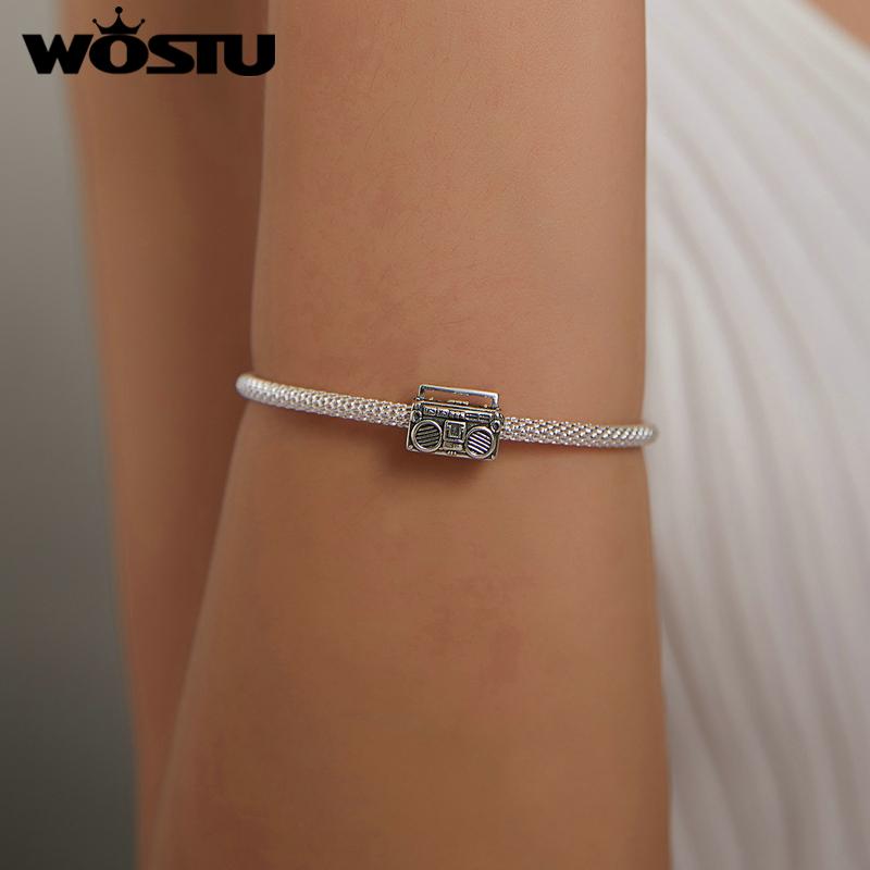 WOSTU 925 Sterling Silver Charm Retro Radio Bead Pendant Fit Original Bracelet Necklace DIY Jewelry CQC1873
