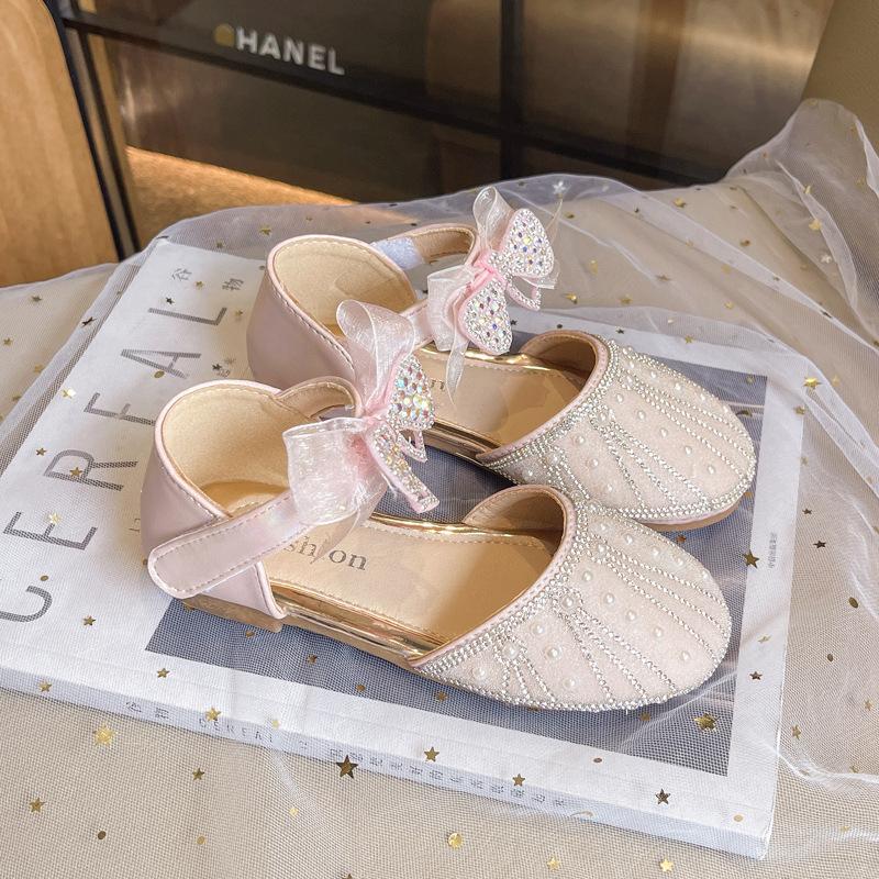 New Girls Princess Sandals Summer Luxury Rhinestone Bowtie Children's Dress Shoes Fashion Kids Wedding Party Flat Sandals Soft