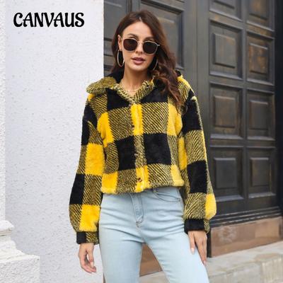 Otoño e Invierno chaqueta de mujer a cuadros chaqueta de terciopelo de doble cara manga de linterna abrigo corto suelto de manga larga