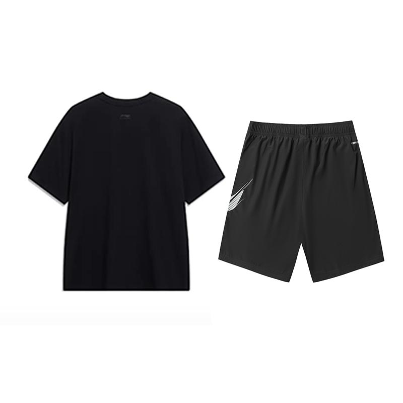 Li-Ning Letter Logo Print Short Sleeve Simple Comfortable Versatile Fashion Design Shorts Casual Sports Suit Unisex suit Black AHSU803-2+YKSV151-1