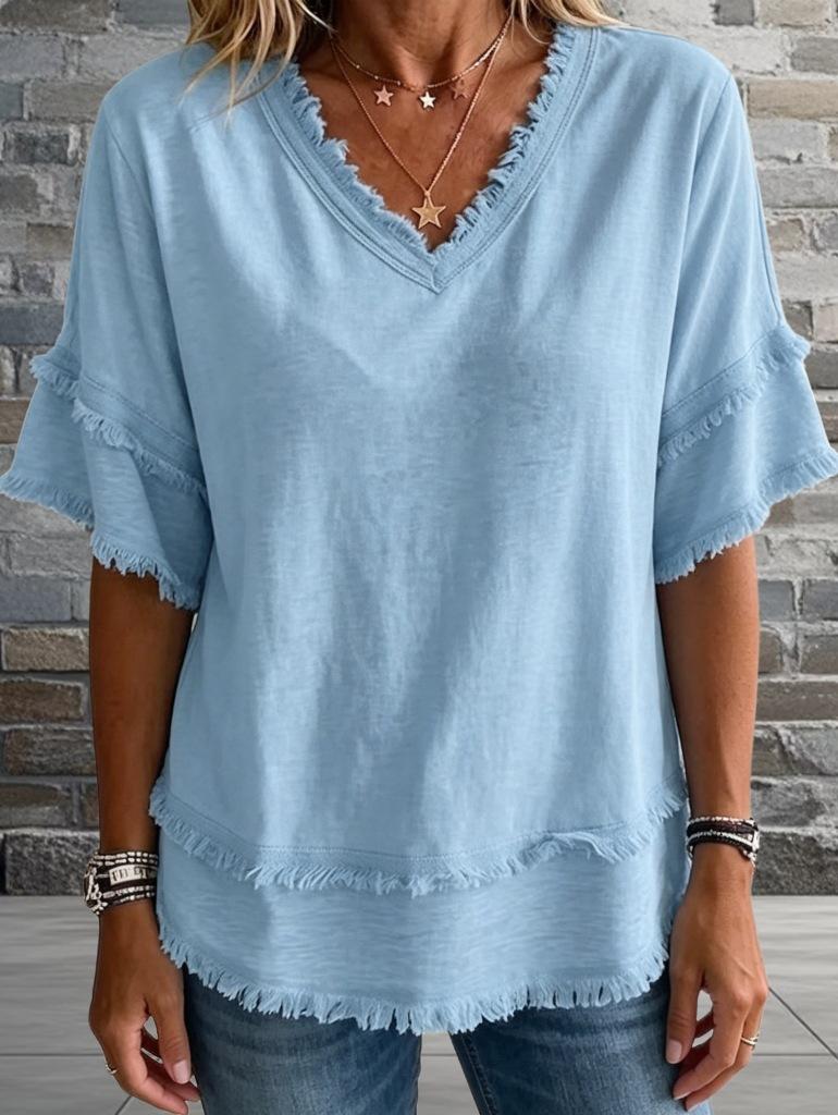 European and American New V-neck Pullover Short-sleeved Loose Women's Shirt Casual Women's Top