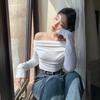 2KWEIRD  Long Sleeve T-shirts Women Autumn Slash Neck Sexy Slim-fit Pleated Hot Girls All-match Off Shoulder Sweet Backless Soft Solid