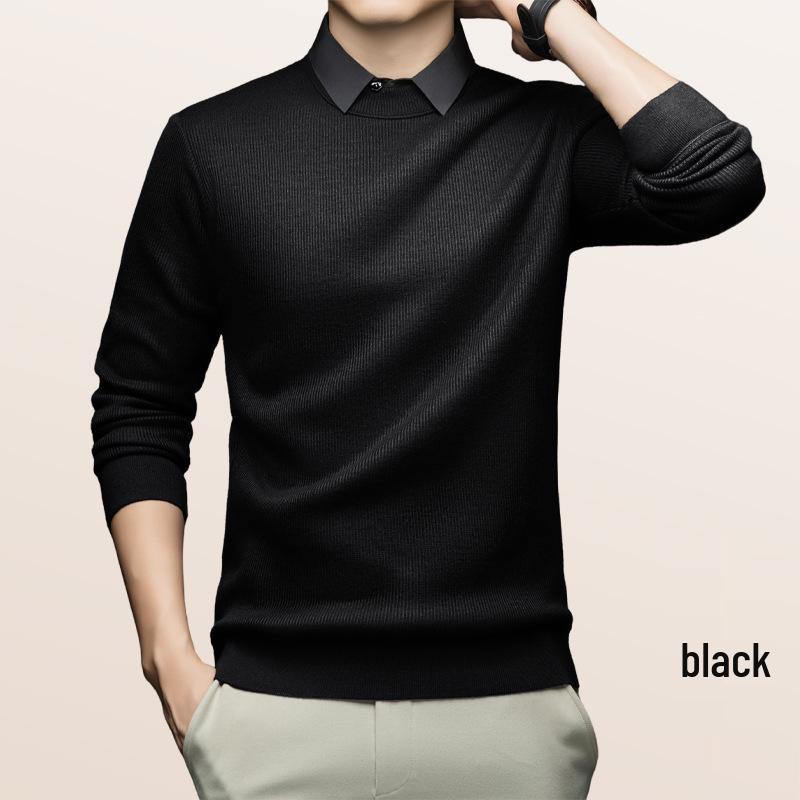 

Мужской шерстяной жаккардовый вязаный свитер с флисовой подкладкой и круглым вырезом, утолщенный пуловер из двух частей, деловой кэжуал. 3XL чёрный