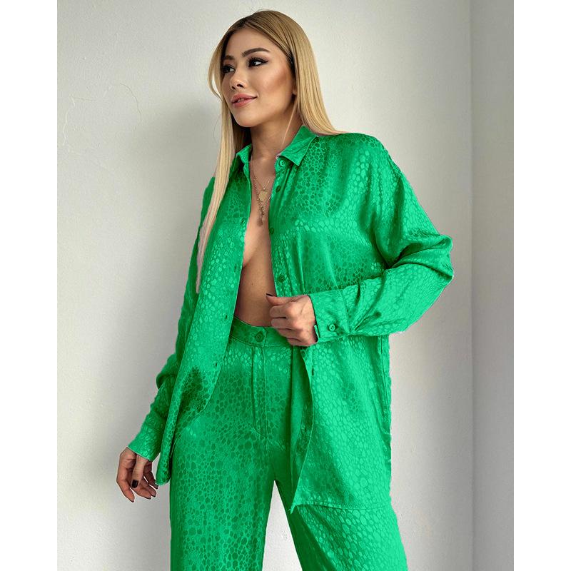 European and American Suit Women's Long-Sleeved Lapel Shirt Leopard Print Trousers Women's Fashion Casual Two-Piece Suit