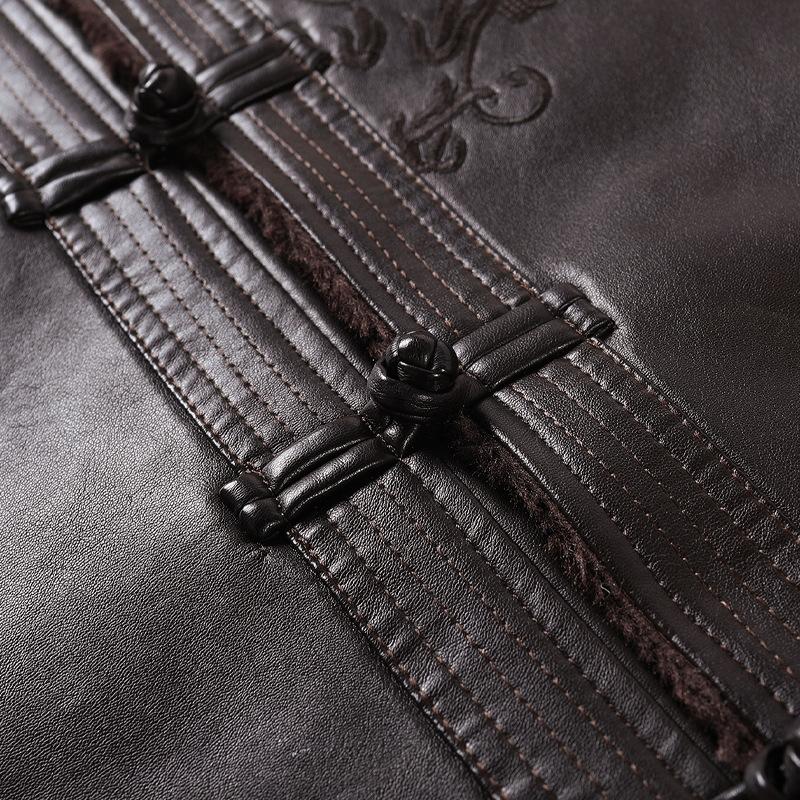 Fur-in-one Middle-aged and Old Tang Suit Embroidered Disc Buckle Men's Leather Jacket Plus Velvet and Thickening for Dad and Grandpa