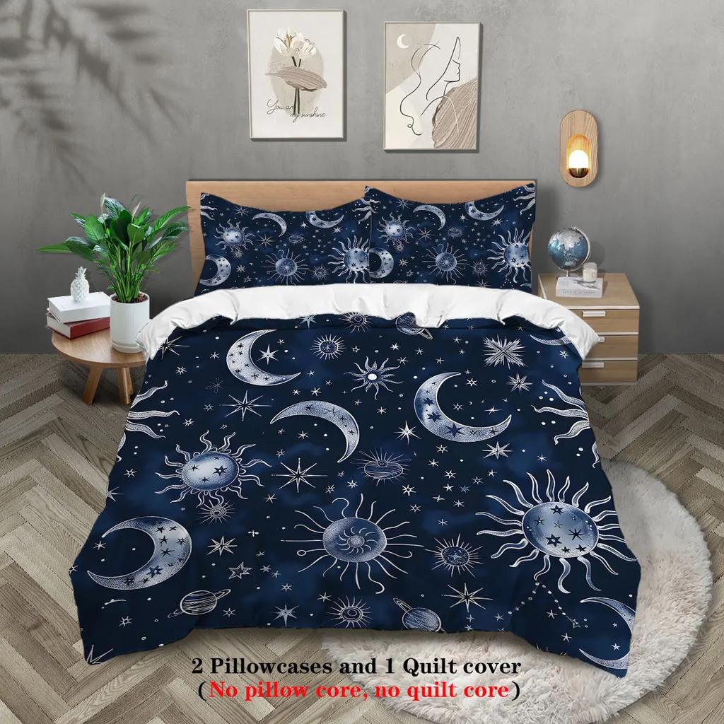 3pcs Sun and Moon Pattern Fashionable Printed Bedding Set 1 Duvet Cover+2 Pillowcases Suitable for Girls and Women Bedroom