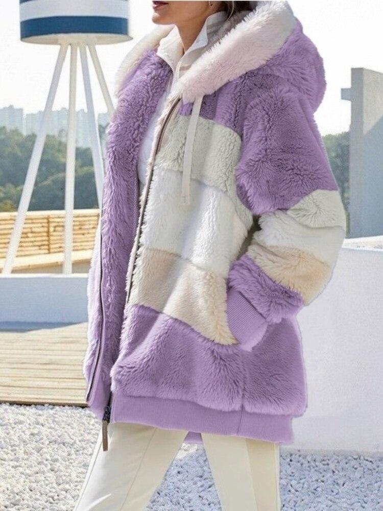 Winter Thickening Warm New Fashion Women Jacket Stitching Plaid Ladies Coats Casual Hooded Loose Plush Zipper Ladies Clothes