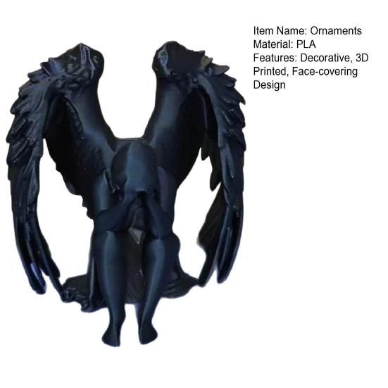 Covering Face Angel Figurine Matte Black 3D Printed Sculpture Sitting Melancholic Angel with Detailed Wings for Home Office Decor