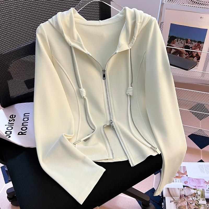 Gray Hooded Sweatshirt for Women Updated Autumn and Winter Thin Versatile Jacket Double Zipper Slim Fit Slim Pullover Top