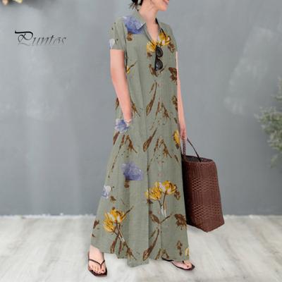 Women Summer Dress A-line Lapel Loose Floral Printing Shirt Type Short Sleeves Button-down with Side Pockets Ankle Length Long Dress