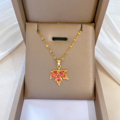 Trend Gold Color Stainless Steel Necklaces for Women Fashion Statement Red Zircon Maple Leaf Pendant Necklace Jewelry Wedding Accessories