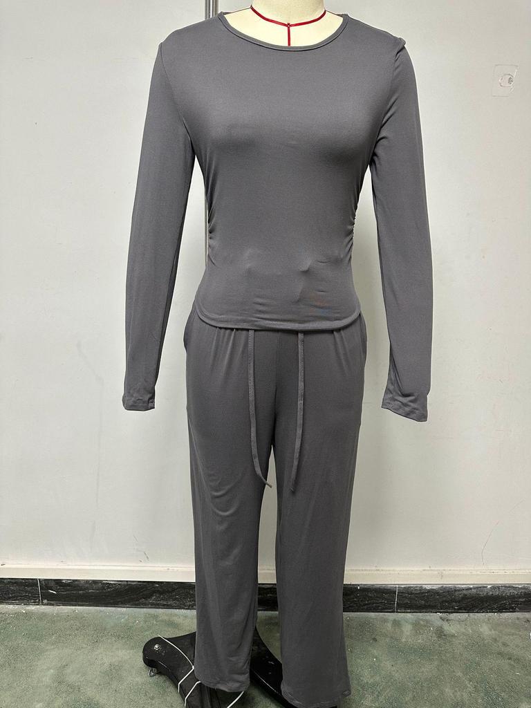 European & American Women's Solid Color Casual Sports Set: Long Sleeve Top & Wide-Leg Pants.