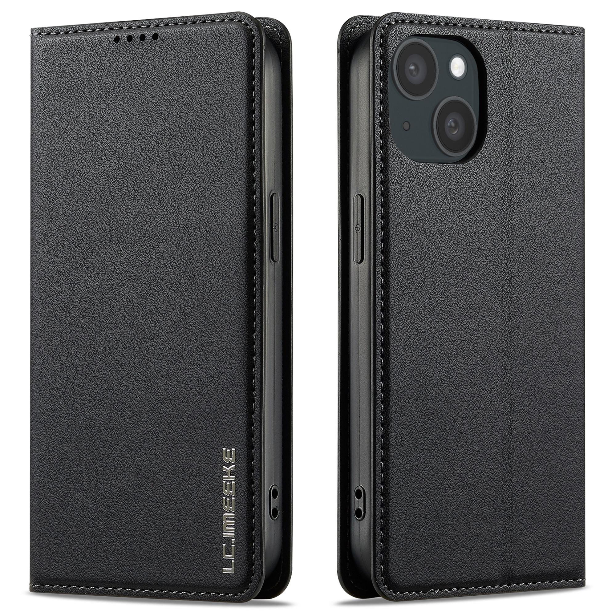

LC.IMEEKE L1 Series for iPhone 15 Case PU Leather Wallet Stand Protective Phone Cover Black