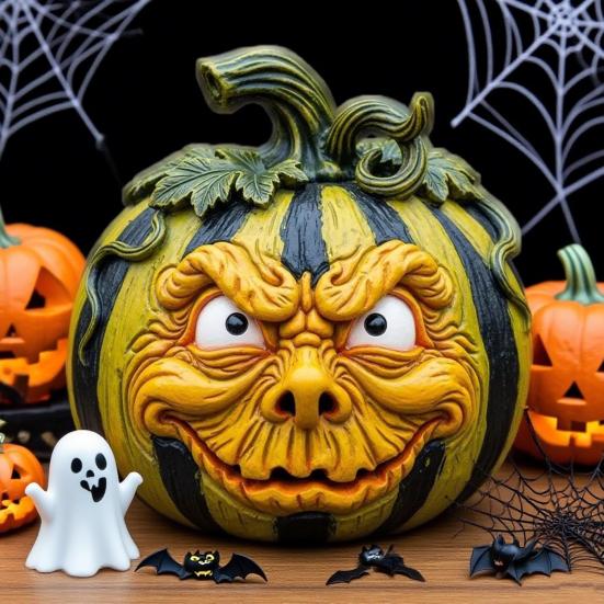 Halloween Pumpkin Statue Ghost Resin Figurine Scary Pumpkin Doll for Yard Office Indoor Outdoor Unique Halloween Gifts for Adults