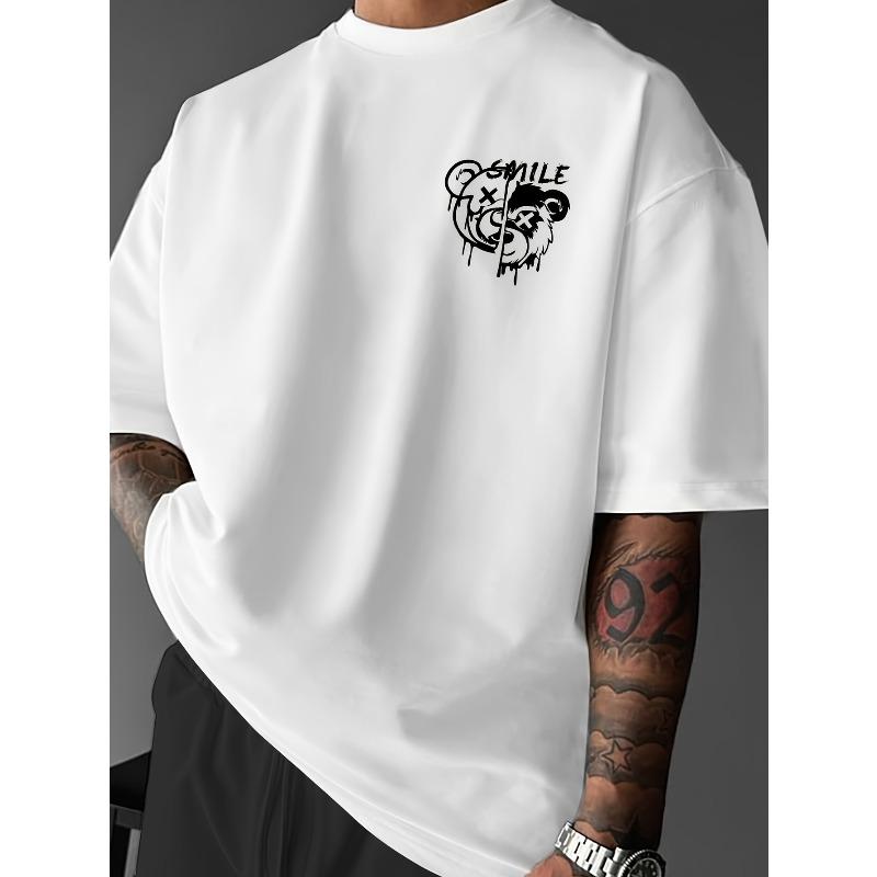 European Sizes Men's Graphic T-Shirt - Loose Fit Crew Neck Summer Short Sleeve Shirt, SMILE & ENJOYE Bear Design, Street Graffiti Style, Fashion Trend