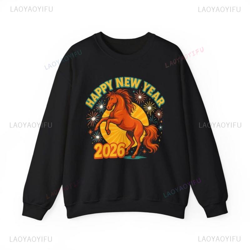 Happy New Year Keep Warm Horse Sweatshirt of The Lunar Gift Holiday Crewneck Matching Hoodies Autumn and Winter Adult Pullover