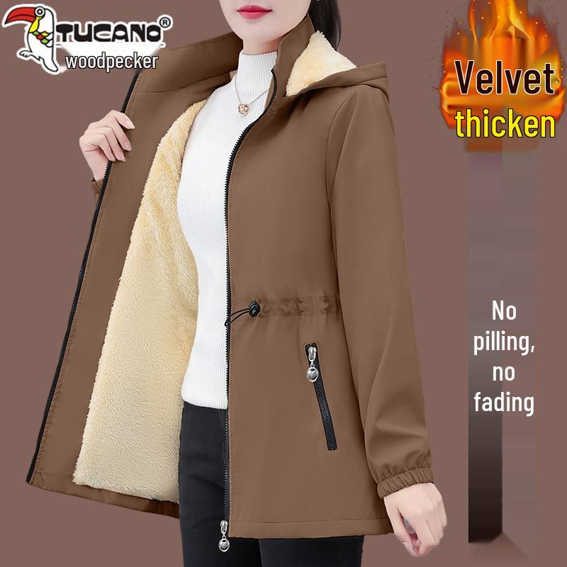 Woodpecker Women's Mid-Length Fleece Coat - 2025 Autumn/Winter Warm Thickened Windbreaker Jacket