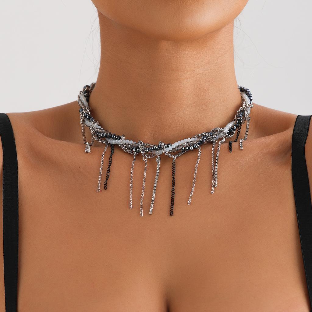 Accessories Light Luxury Tassel Glass Rice Beads Wrapped Clavicle Chain Sweet Cool Trend Multi-Layer Necklace