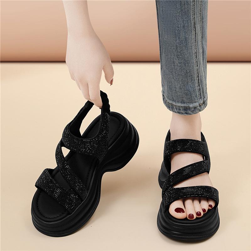 Platform-soled rhinestone sandals are sweet and fashionable, summer new versatile single shoes, women's muffin-soled Roman shoes