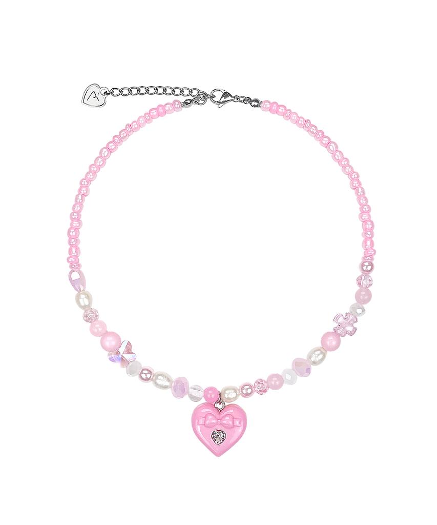 Vvv Pink Ribbon Heart Mix Bead Necklace