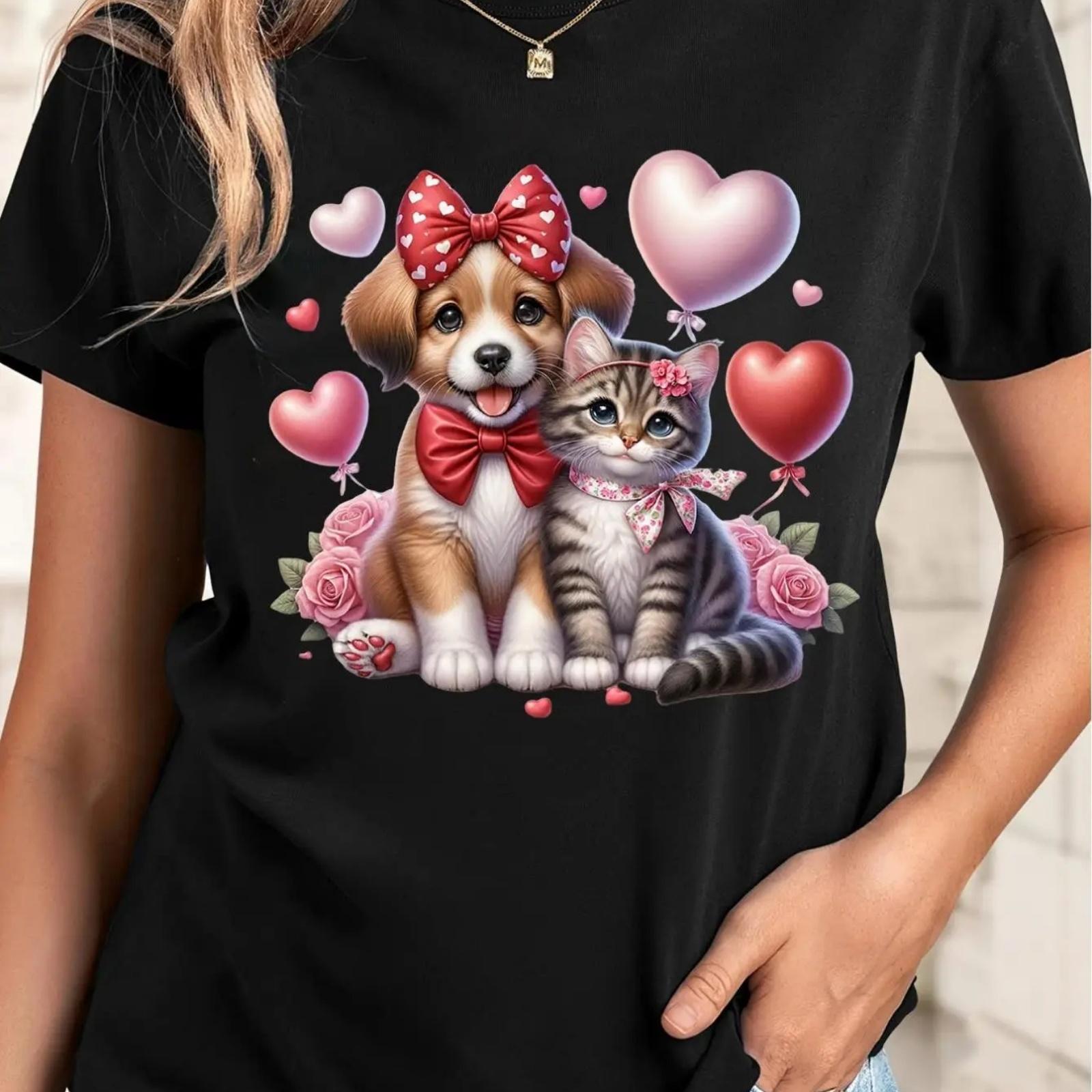 

A Women s Casual Round-Neck Valentine s Day T-Shirt Featuring a Cute Design of a Puppy and Kitten in Love with Bubbles, Regular XXXXXL різнокольоровий