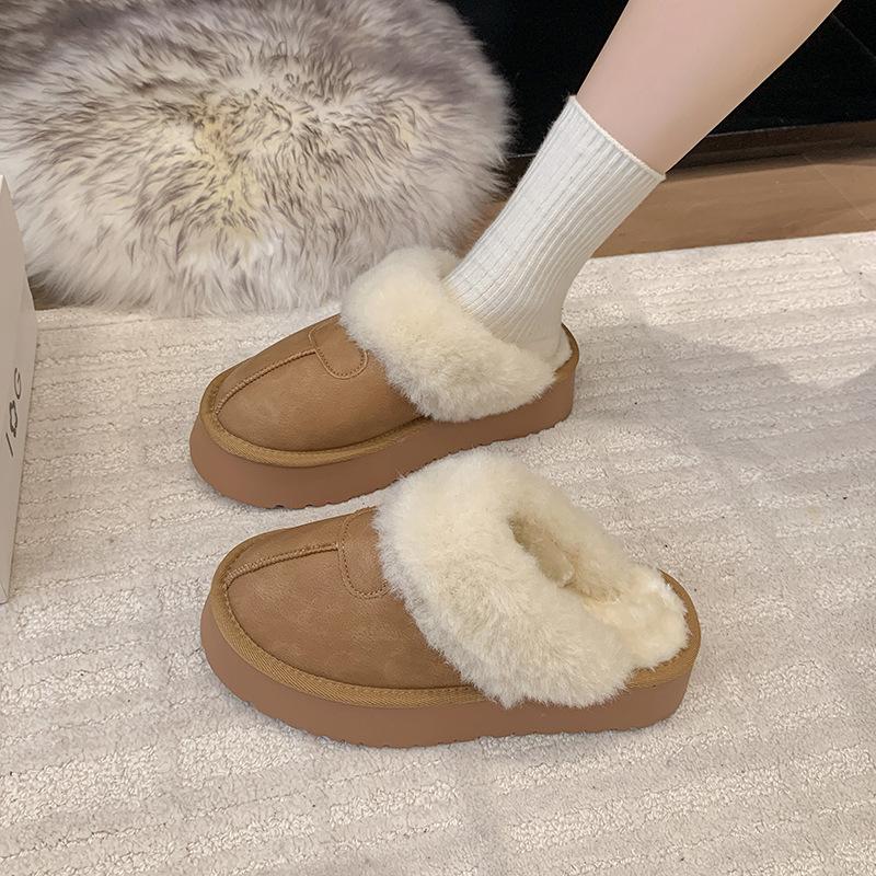 2025 new snow boots women's winter fur integrated fluffy shoes plush thick-soled warm outer wear bag head half slippers