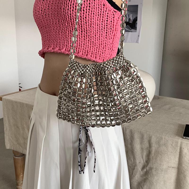 Yogodlns Women Summer Woven Hand Bag Luxury Design Hollow-out Silver Hand Woven Single Shoulder Underarm Bag