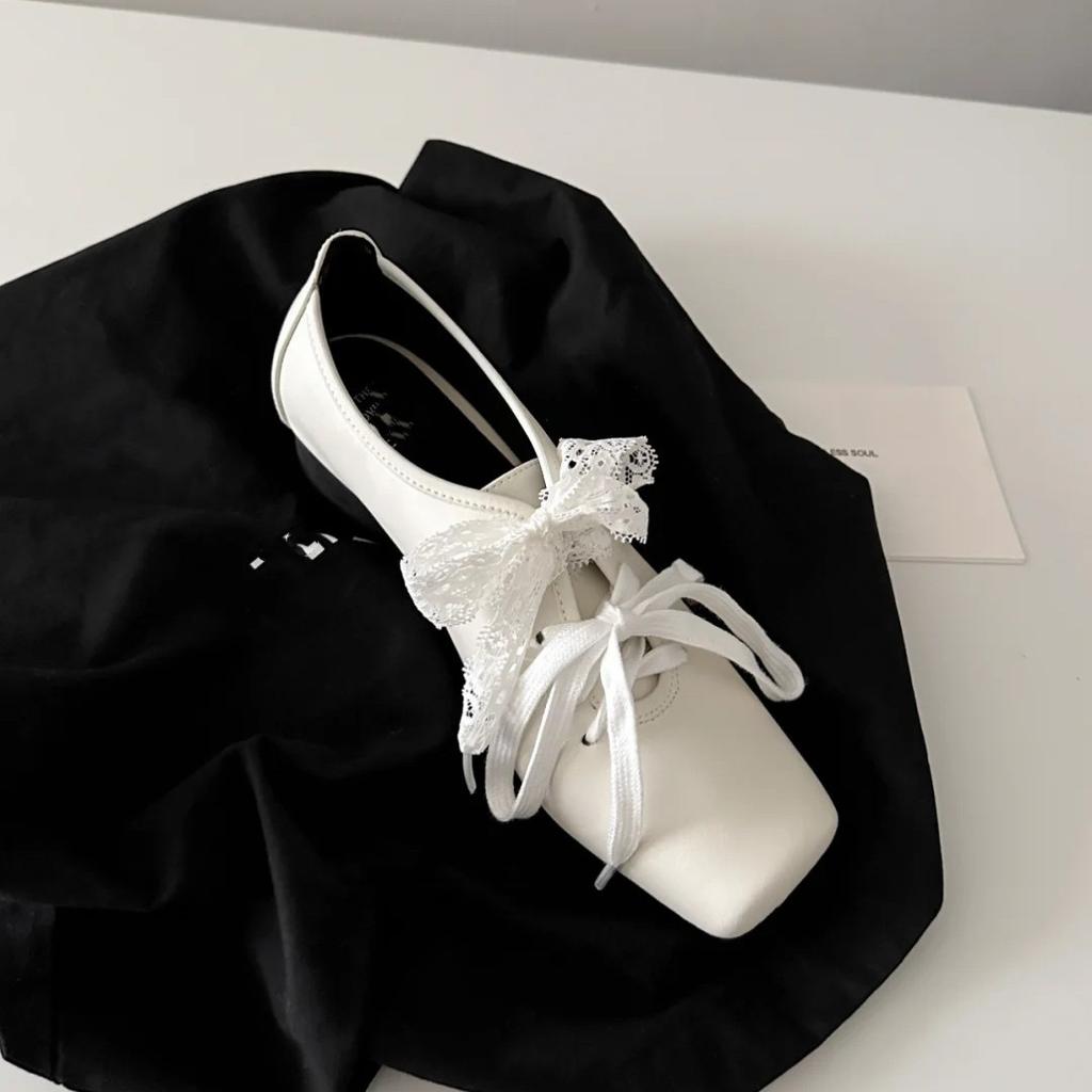 Sheepskin Version~ Genuine Leather French Mary Jane Small Leather Shoes Niche Square Head High-end Lace-up White Thick Heel Single Shoes Women