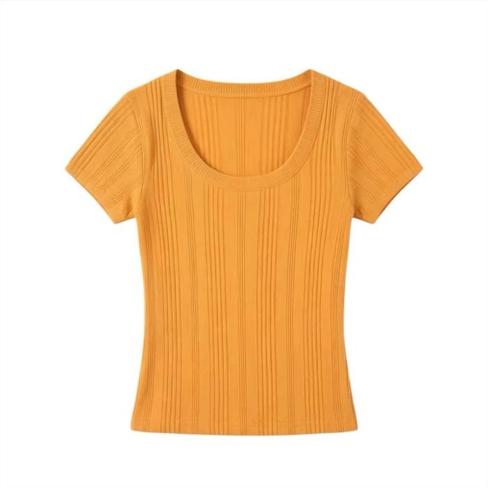 Front Shoulder Short-sleeved T-shirt Women's Summer New Orange U-neck T-shirt Slim-fit Half-sleeved Versatile Short Slim Top