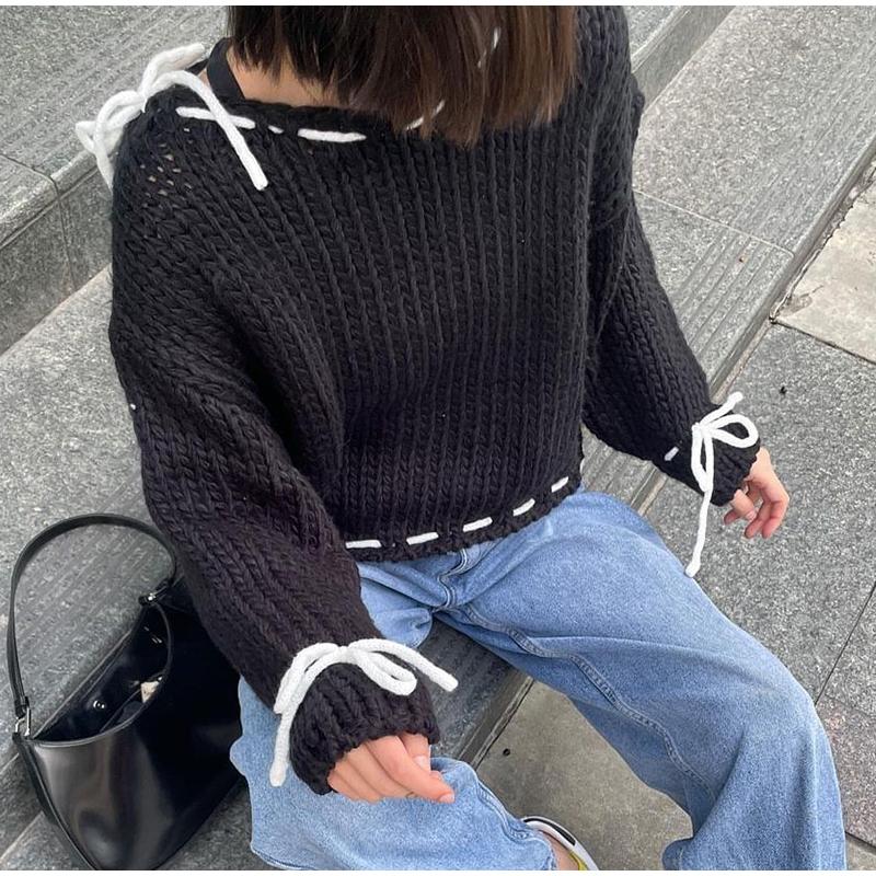 Повседневный свободный свитер женский модный бант на шнуровке косой воротник женский — фото 14