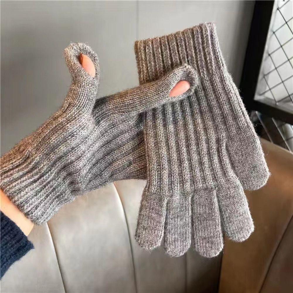 Windproof Full Finger Gloves Solid Color Cycling Mittens Winter Women's Knitted Gloves