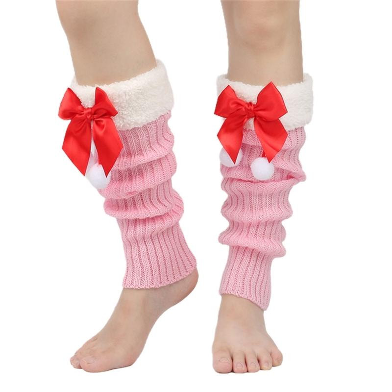 Christmas Fleece Trim Warm Leg Warmers Sweet Plush Balls Bows Knitted Boot Covers Festival Footless Socks for Women