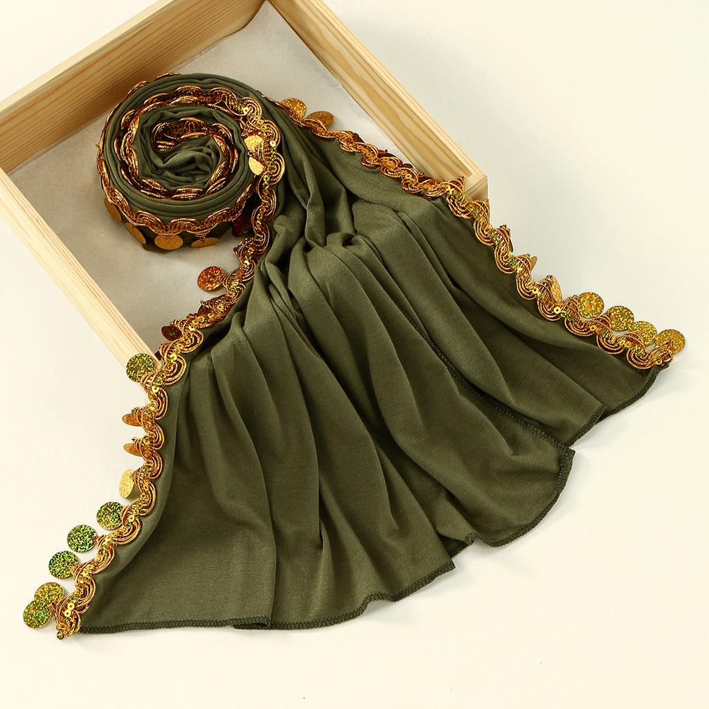 Sequin Modal Cotton Jersey Hijab Scarf For Women Stretch Shawl Plain Muslim Headband Fashion Long Fringes Wraps Islam Turban