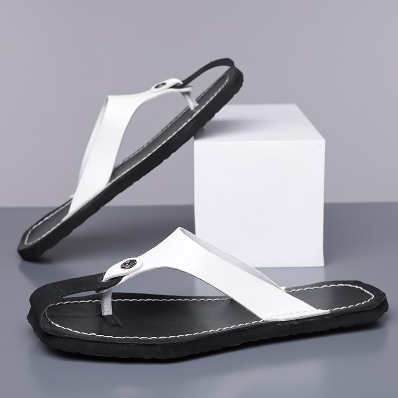 Herren Schwarz Leder Pantoffeln Einfache Flache Sommer Weiße Flip-Flops Outdoor Sandalen Braun Offene Zehen Strand Schuhe Übergröße