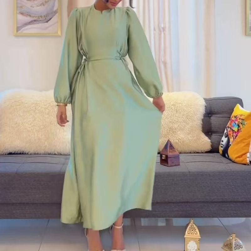 

Fashion New round Neck Lantern Sleeve Waist Trimming Lace up Dress Lace up Waist Cinching Dress Light green 2XL