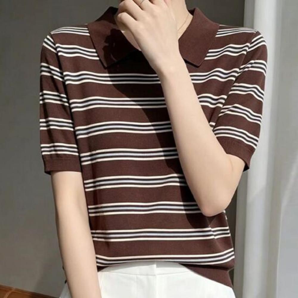 Navava Women Thin Cool Striped Collar Short Sleeve Knit Top Nk3726